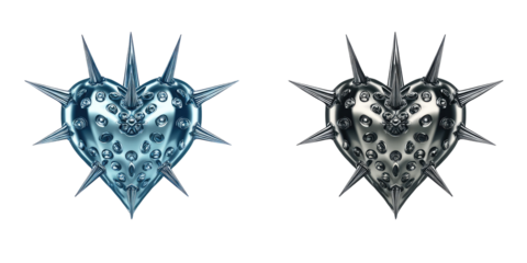 Two stylized, spiky hearts, light-blue and dark-gray, each with a textured, heart-shaped form, surrounded by radiating, sharp points