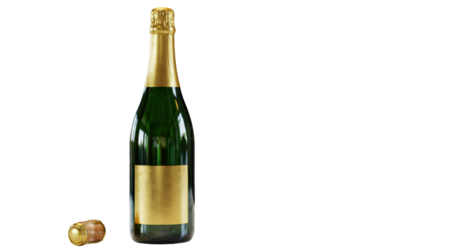 Pristine emerald-green champagne bottle with gold foil cork and blank label on polished white marble, blurred corporate event background, soft studio lighting. Concept of professional success