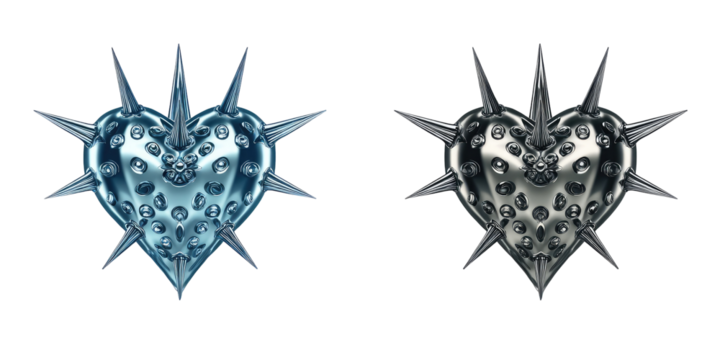 Two stylized, spiky hearts, light-blue and dark-gray, each with a textured, heart-shaped form, surrounded by radiating, sharp points