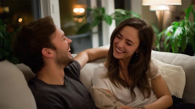 A joyful moment of rearranging home decor with laughter