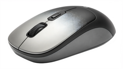 A sleek gray wireless mouse featuring an ergonomic design for comfortable use and precise control, is isolated on transparent background