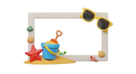 Summer beach frame with sand toys and sunglasses.