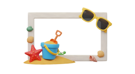 Summer beach frame with sand toys and sunglasses.
