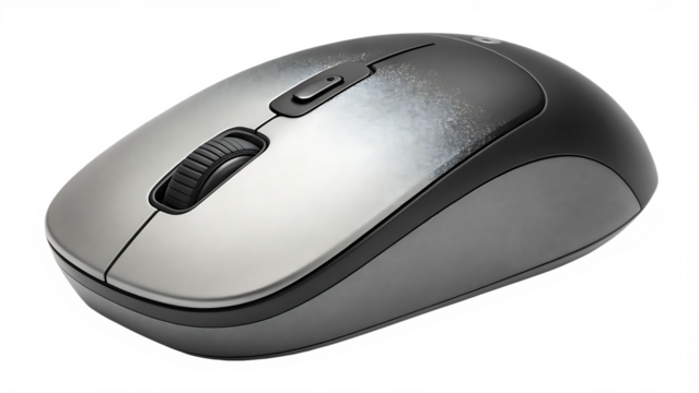 A sleek gray wireless mouse featuring an ergonomic design for comfortable use and precise control, is isolated on transparent background