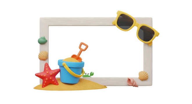Summer beach frame with sand toys and sunglasses.