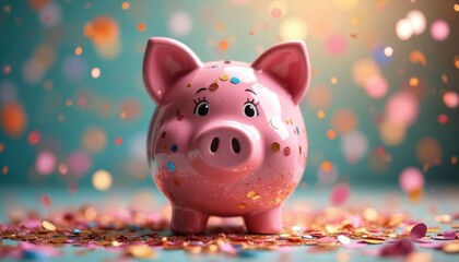 Festive pink piggy bank adorned with colorful confetti. Playful money box financial celebration, savings, wealth growth. Cheerful, vibrant appearance evokes happiness, prosperity, optimistic