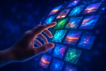 Hand Touching a Digital Screen Displaying Abstract Colorful Images Keywords: hand, touching, screen