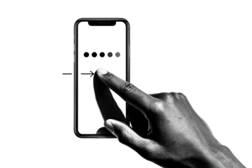 A hand touches a smartphone screen.  A passcode lock is shown on the display.  Black and white