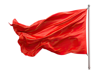A vibrant red flag billows in the wind against a black background.  The flag's fabric drapes and flows, showcasing its texture and movement.  A metal flagpole supports the flag