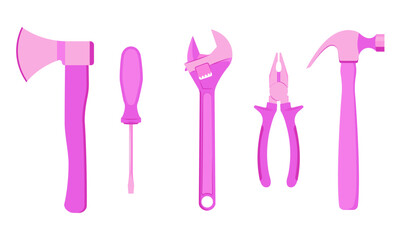 Pink work tools for a girl. Flat style.