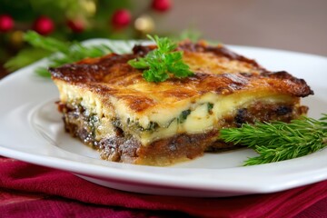 A slice of savory moussaka with golden, cheesy crust, rested on a white plate. Garnished with fresh greens, it sits on a red fabric backdrop