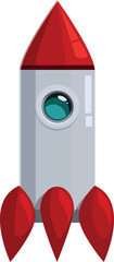 Cartoon rocket ship blasting off with red flames from its engine