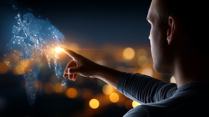 Man pointing at futuristic world map hologram
