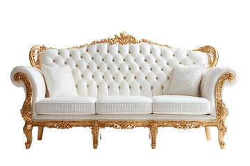 Ornate gold carved wood sofa isolated on transparent background