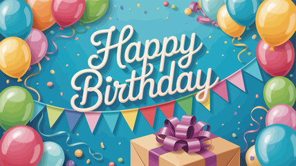 Colorful happy birthday greeting with multicolor balloons, bunting flags, confetti, and gift box on blue background for festive celebration