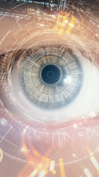 A macro view of an eye with a glowing AR interface, symbolizing the future of vision, AI, biometrics, and human-computer integration.