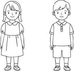 Children Boy and Girl Standing Simple Line Art Vector Illustration 