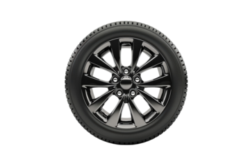 Shiny black car wheel with tire, automotive part on a transparent field