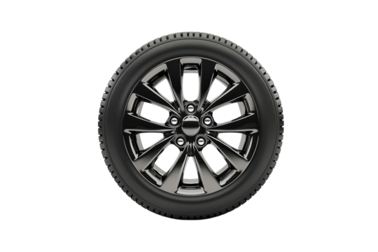 Shiny black car wheel with tire, automotive part on a transparent field