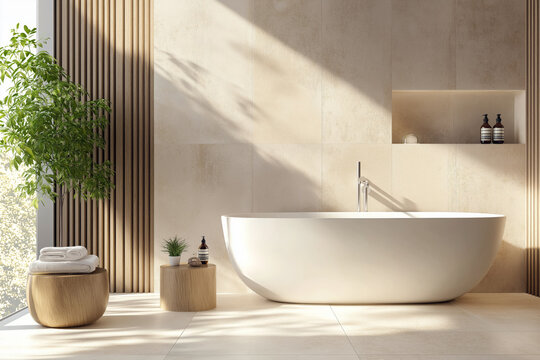 Scandinavian-style bathroom with light travertine surfaces, white ceramic bathtub, and natural wood accessories.