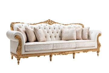 Ornate gold carved wood sofa isolated on transparent background