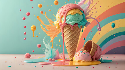 Colorful Ice Cream Cone with Rainbow Splash