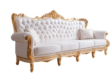 Ornate white tufted sofa with gilded carved wood frame isolated on transparent background