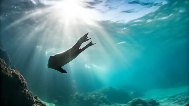 A sleek seal gliding gracefully through clear turquoise water, beams of sunlight filtering down,