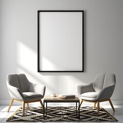 Modern Living Room Interior Design with Empty Frame Mockup and Armchairs for Artwork Display and Comfortable Home Decor