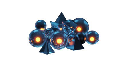 Glowing abstract geometric forms on a high-gloss reflective dark surface, high-angle studio, low-key lighting with cool blues and warm highlights, concept of technological innovation