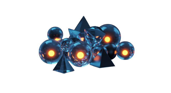 Glowing abstract geometric forms on a high-gloss reflective dark surface, high-angle studio, low-key lighting with cool blues and warm highlights, concept of technological innovation