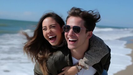 Playful piggyback ride by the ocean with joyful expressions