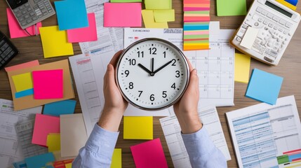 Overhead view of a person holding a classic round clock in the center of a messy desk, surrounded by colorful sticky notes, wall calendars, and printed planning sheets.