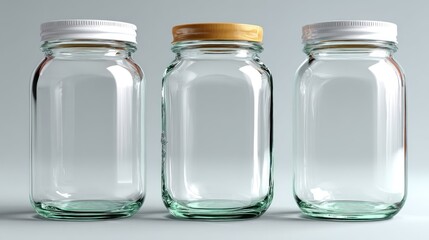Three empty glass jars with lids on a light grey surface, simple design