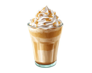 Caramel iced blended coffee drink.  A tall, clear glass holds a layered beverage.  Light caramel colored layers, with a frothy white whipped cream topping drizzled with caramel sauce