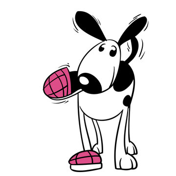 Cute black and white cartoon style mischievous dog with one shoe in his mouth and the other on his paw.