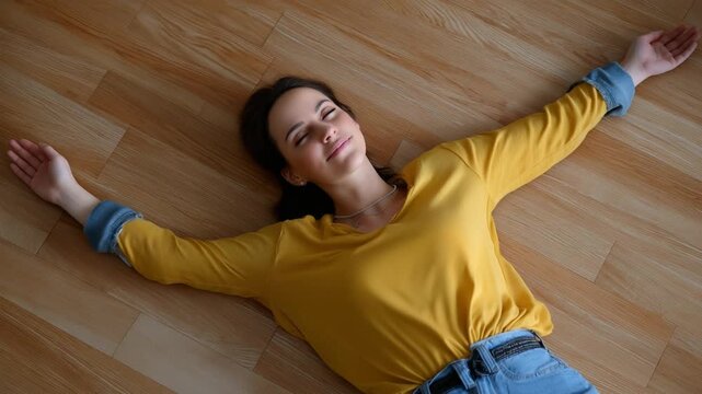 Relaxed person lying on the floor with arms spread out