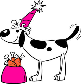 Cute black and white cartoon-style dog celebrating a party with a hat and the best chicken-based food.