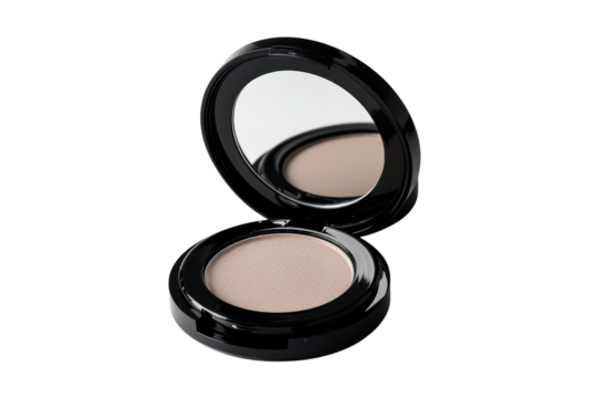 Open powder compact with mirror, beauty product for makeup application