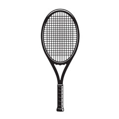 Black and white silhouette of a tennis racket isolated on a clean white background