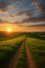 Obraz premium Golden Sunset Over Rolling Hills: A dirt path winds through verdant, rolling hills, leading towards a radiant sunset, painting the sky in hues of gold, orange, and blue.