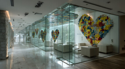 The glass wall of the healthcare institution for the development of children with autism syndrome, decorated with hearts made of pieces of colorful puzzles