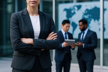 A confident businesswoman stands in front of two colleagues discussing a tablet, with a world map in the background, highlighting a professional environment.