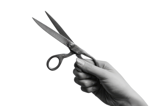 Close-up of a hand holding antique-style scissors.  Sharp blades are poised