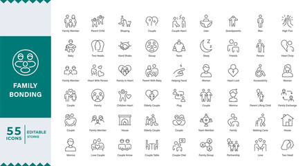 family Bonding Family and Love Line Editable Icons set. Vector illustration in modern thin line style of relationships related icons: traditional and lgbtq couple, family members,Icon set