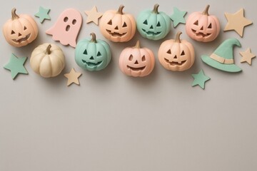 Naklejka premium A whimsical display of pastel-colored Halloween-themed decorations featuring pumpkins, a ghost, a witch's hat, and stars.