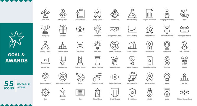  Pixel Perfect,Goal & Awards Icon Set. perfect for personal development, coaching,Award line Reward, Certificate