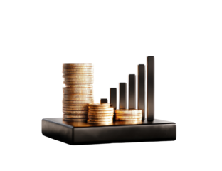 Stacks of gold coins beside rising bar graph on dark base