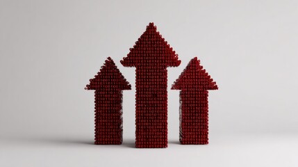 A 3D arrangement of red arrows made from binary code, symbolizing growth, progress, and technology.