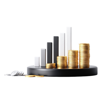 Abstract financial growth graphic.  Stacked gold coins and black/white bar graph on a dark base.  Scattered coins at bottom